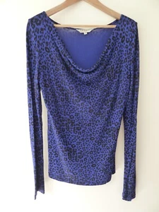L K BENNETT LONDON blue black ANIMAL PRINT cowl neck FITTED top Size S Size 10 - Picture 1 of 8