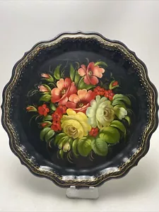 Vintage Russian Metal Floral Hand Painted Tole Black 14” Serving Tray Zhostovo - Picture 1 of 11