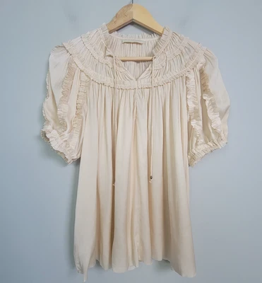 Ulla Johnson Womens 4 Blouse Aimee Ruffle Satin Top Cream - Image 1 of 4