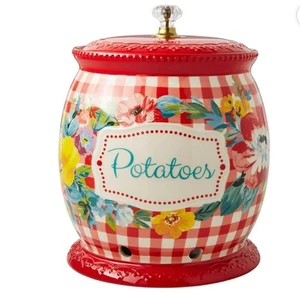 Guardián de patatas Pioneer Woman con tapa dulce romance floral guinga roja 8,5" cerámica - Imagen 1 de 2