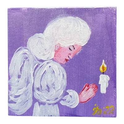 Original Painting Girl Angel Guardian Candle Semi Abstract Wall Art Handmade 4x4 - image 1 of 4