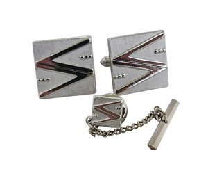Vintage Swank Shiny and Textured Modernist Cufflinks and Tie Tac - Picture 1 of 5