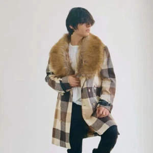 Men's Manzini Brown | Tan Plaid Faux Fur Casual Overcoat NWT - Picture 1 of 9