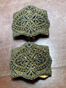 Pair Antique Deco Amber  Rhinestone Filigree Metal Shoe Buckles, I. Miller - Picture 1 of 7