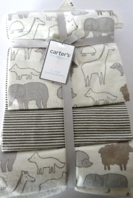 Carters Baby Receiving Blankets 4-Pack Gray Stripes Safari Farm Animals Gift - Image 1 of 4