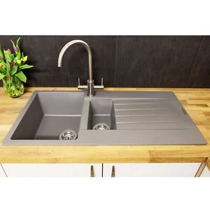 Reginox Harlem15 Kitchen Sink 1.5 Bowl Silver Grey Granite Reversible Waste - Picture 1 of 11