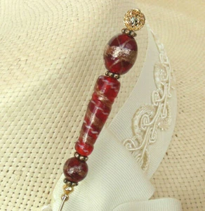 8" LONG RED and GOLD GLASS HATPIN - Hand Made WEDDING CAKE GLASS - Picture 1 of 5