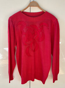 Vintage Damen Pullover korallen rot Gr. 40/42 80er Jahre Org. Applikation s. gut