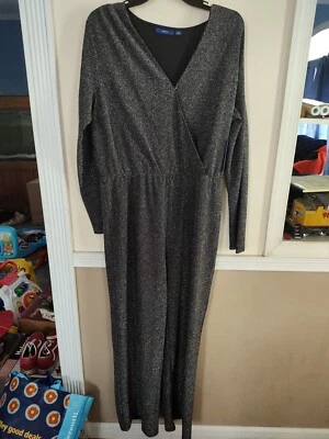 APT。 9 Jump Suit 女式 L 码闪亮银色直筒裹身上衣长袖 — 第 1/4 张图片