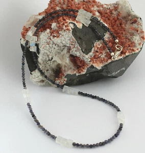 Iolith (Wasser Saphir) mit Regenbogen Mondstein Kette Blau Edelsteinkette 48 cm - Picture 1 of 2