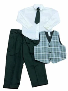 In Design Boys Holiday Outfit Ivory Dress Shirt Green Tie Vest & Slacks - Picture 1 of 1