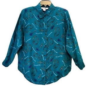 Jonathan Martin Vintage 80s Womens S Silk Teal Green Status Link Button Up Shirt - Picture 1 of 6