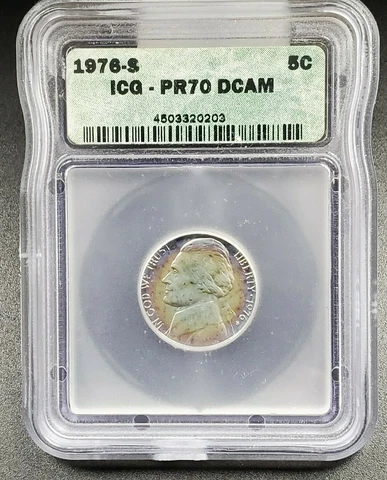 1976 S Jefferson Nickel Coin ICG PR70 DCAM Deep Cameo Proof PQ * Rainbow Toning Cover