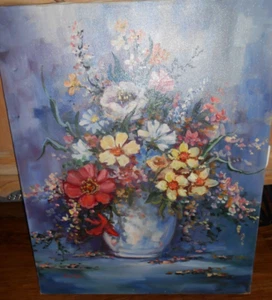 Original Art Colorful Bowl of Flowers in bright blues Beautiful! 16 X 20 - Picture 1 of 5