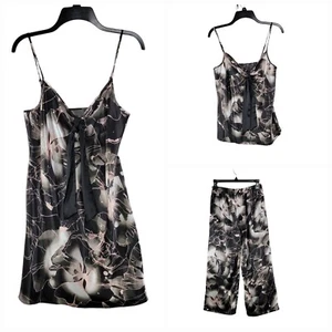 Pink Womens Black Floral 3 Pc Pajama Set with Gown Tank Top Pull On Pants SZ S - Picture 1 of 21
