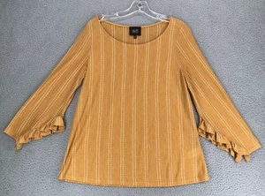 W5 Tunic Top Women Size L Boho Asymmetric Ruffle Sleeve Pinstripe Camel - Picture 1 of 9