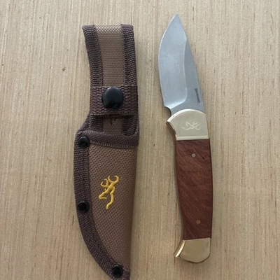 Browning Brown Wood Stainless Fixed Blade Knife w/ Belt Sheath 0378 - Image 1 of 4