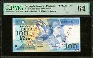Portugal 100 Escudos SPECIMEN 1986 Pick-179as CH UNC PMG 64 - Picture 1 of 2