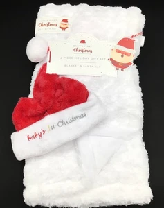 Baby's First Christmas Blanket Gift Set Santa Hat White Faux Fur Security 30x40 - Picture 1 of 7