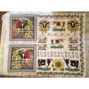 American Homestead Appliques Cow Sunflower Pig Joan Kessler Concord Fabric Panel - Picture 1 of 12