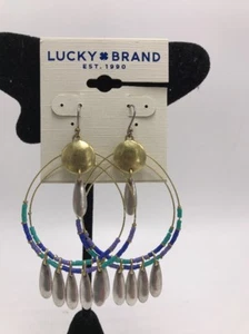 $35 LUCKY BRAND Two-Tone Blue Beaded Double Wire Hoop Earrings 543a - Picture 1 of 5