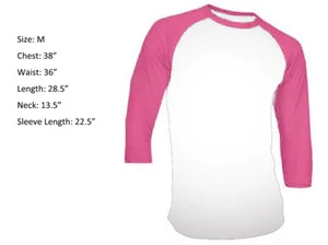 New 3/4 Sleeve Raglan Baseball Mens Plain Tee Jersey Sports T-Shirt White Pink M - Picture 1 of 2