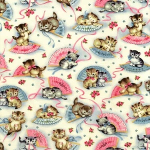 Feline Drive Fabric SMITTEN KITTENS Fans & Flowers White Pink Sold by the Yard - Picture 1 of 7
