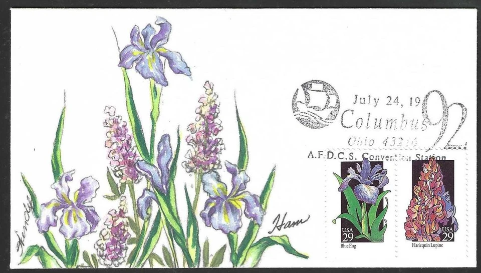 1992 WILDFLOWERS FDC Blue Flag & Harlequin Lupine - HAND PAINTED by "HAM" - Image 1 of 1