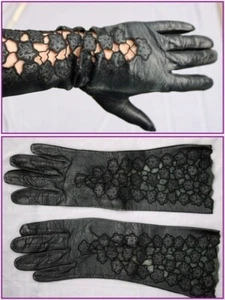 Vintage WOMEN'S small LONG BLACK LEATHER crochet cut out lace GLOVES FORMAL CLUB - Picture 1 of 12