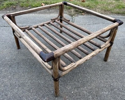 Table Basse Rotin Ancien Vintage Design Cuir Salon 1980 Sans Verre - Photo 1/4