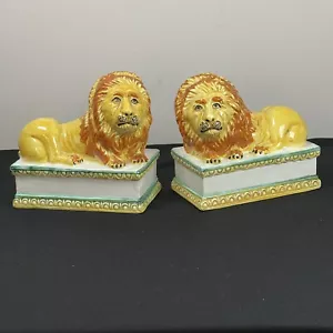 Pair Mid-Century Bassano Italian Ceramic Glazed Lions Marked Signed Set of 2 - Picture 1 of 24