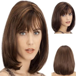 Brown Short Bob Wigs with Bangs 12 Inch Straight Hair for Women Daily Party - Picture 1 of 8