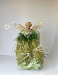 Vintage Tree topper Christmas Angel 14" tall with real feathers Green Dress - Picture 1 of 20
