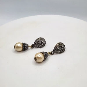 Heidi Daus Drop Dangle Earrings White Faux Pearls Crystal Black Rhinestones - Picture 1 of 9