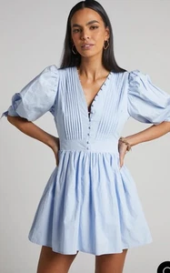 Showpo Zandra Mini Dress Puff Sleeve Poplin Dress Icy Blue Babydoll Dress Sz 8 - Picture 1 of 11