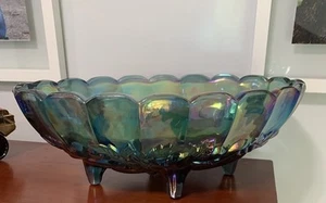 Vintage Indiana Iridescent Carnival Glass BLUE Harvest Grape Footed Fruit Bowl - Picture 1 of 5