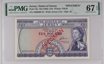 TOP POP Jersey 10 Pounds 1963 P10 Specimen PMG 67 Gem UNC England / UK / Britain - Image 1 of 2