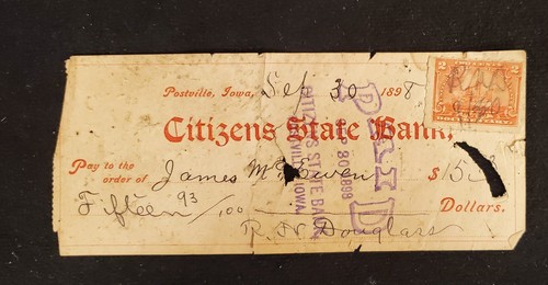 Antique 1898 Cancelled Check Citizens State Bank Postville Iowa w ...