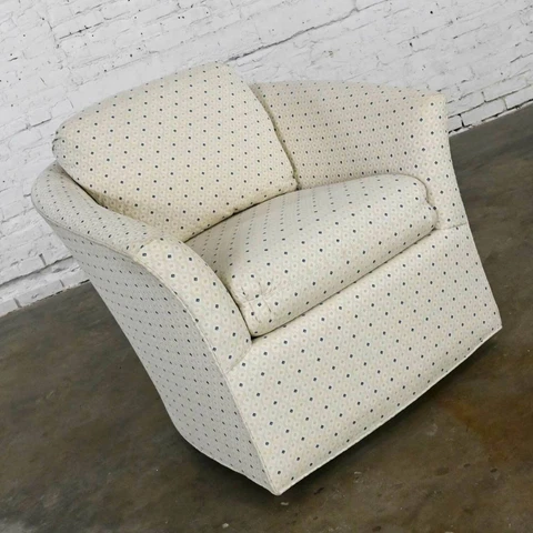 Modern Century Furniture Swivel Barrel Chair Off White & Blue Diamonds Brocade Cover