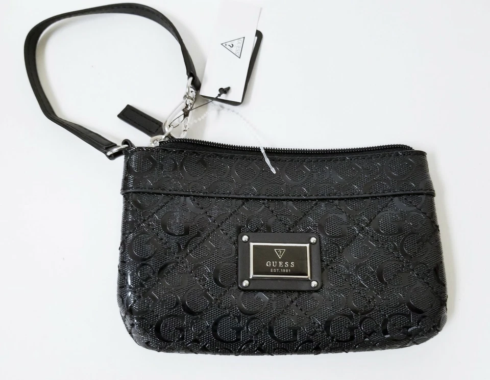 Nuevo GUESS Floración Negro G Logo Brillante Charol PVC Muñequera, Mano, Cartera - Imagen 1 de 4