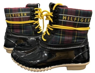 Tommy Hilfiger Botas Para Mujer Talla 7 Rojo Amarillo Cuadros Impermeables Ojales Hessa Duck Foto 1 de 4