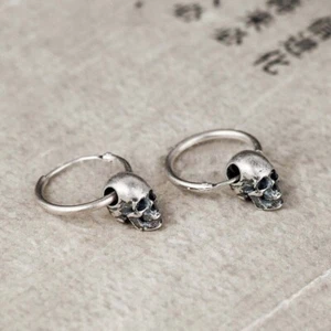 925 Sterling Silver Skull Drop Dangle Hoop Earrings Gothic Punk Rock Vintage - Picture 1 of 7