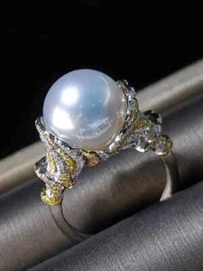 Wunderschöner RIESIGER AAAA 10-11mm runder natürlicher Südsee weiße Perlen Ring 925S - Bild 1 von 2