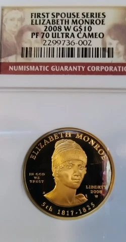 2008 W US Elizabeth Monroe First Spouse 1/2 Ounce $10 Gold Proof Coin NGC PF70 Cover