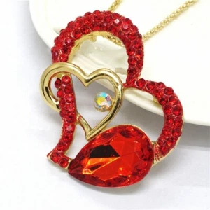 Betsey Johnson AB Crystal Gold & Red Double Heart Pendant Necklace Free Gift Bag - Picture 1 of 2