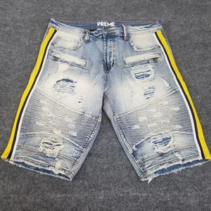 PREME Denim Shorts Men's 34 Light Wash Straight Leg Zipper Pockets Side Stripe - Picture 1 of 12
