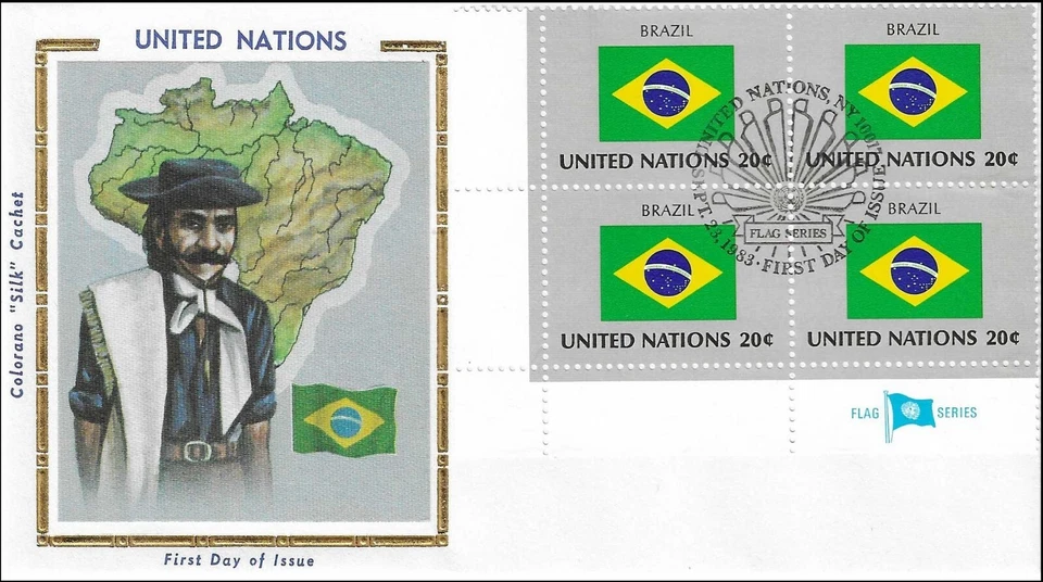 Vestido fantasia nacional do Brasil mapa bandeira ONU perfeito folha de ouro seda FDC cachet 1983 - Imagem 1 de 1