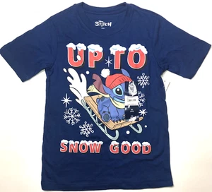 Disney Stitch Boys Tee Holiday Shirt Christmas Sledding Up to Snow Good 10-12 - Picture 1 of 5