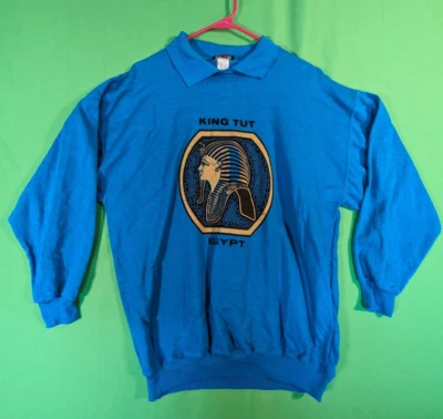 Sudadera King Tut Egipto JIL Cuello Flácido SIN TALLA Para Hombre Azul Mangas Largas Foto 1 de 4