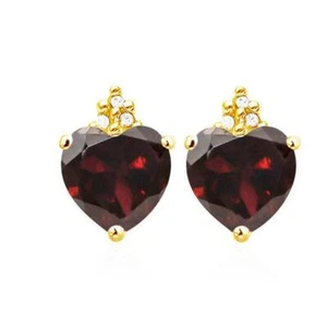 2 Kt Granat & Diamant 10K Massiv Gelbgold Ohrstecker Herzschliff Schmuck - Bild 1 von 3